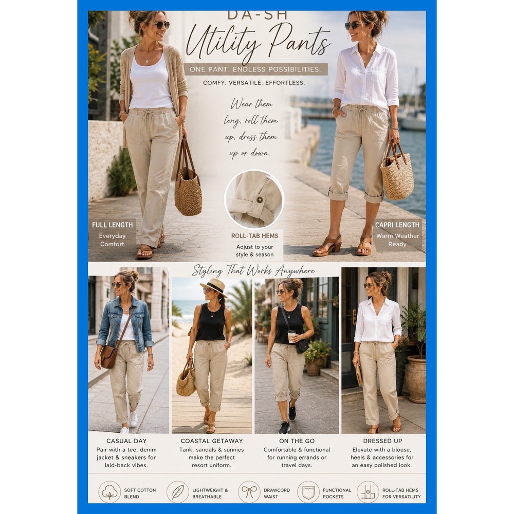 Da-sh Womens Khaki Roll Tab Utility Crop Pants Drawstring Waist‎ Casual Resort M